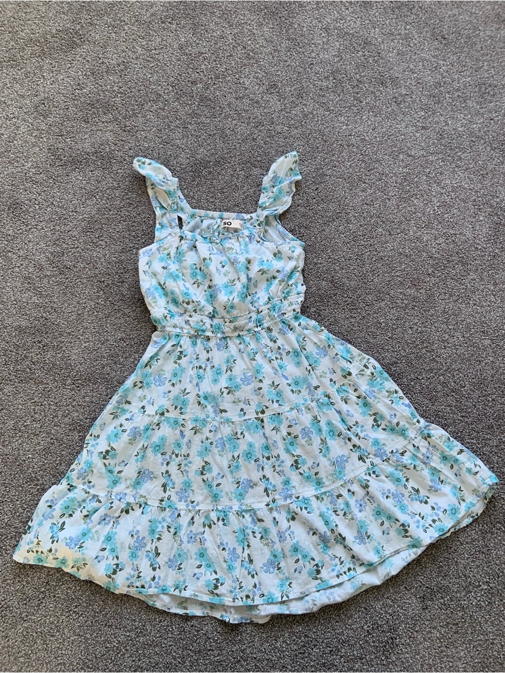 Girls Light Blue Floral Ruffle Strap Dress